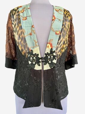 Vintage Spencer Alexis Sz. PL -Black Lace Open-Front Top w/Crochet Fob Closure